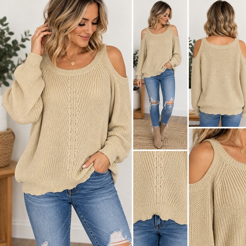 Judy Blue Cold Shoulder Sweater Women Medium Beige Knit Boho Long Sleeve